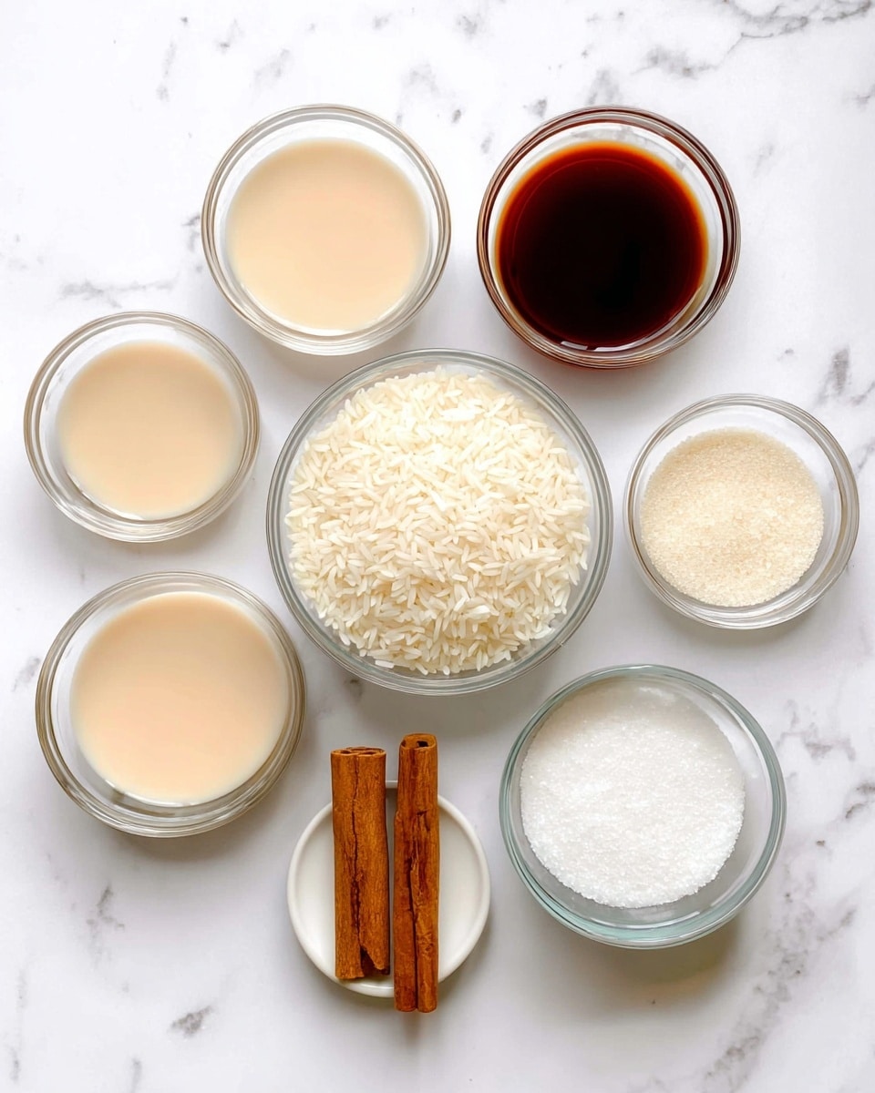 The image shows seven small clear glass bowls and one small white bowl arranged on a white marbled surface. At the center is a bowl filled with white rice, surrounded by two bowls of light beige liquid at the lower left and right sides. Above the rice bowl is a small bowls containing dark brown liquid to the right, and a bowl with white granules on the far right. There is a bowl with clear liquid on the far left. The small white bowl at the bottom center holds two brown cinnamon sticks placed side by side. The scene is bright and clean with all items clearly visible, photo taken with an iphone --ar 4:5 --v 7