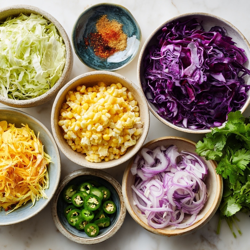 A bowl filled with a colorful salad showing three main layers: a base layer of creamy white dressing mixed with light green shredded cabbage, a middle layer of bright orange carrot sticks and yellow corn kernels, and a top layer sprinkled with thin purple cabbage strips, several slices of dark green jalapeños, and fresh green cilantro leaves, all sitting in a white bowl on a white marbled surface with a few lime halves and an ear of corn blurred in the background photo taken with an iphone --ar 4:5 --v 7