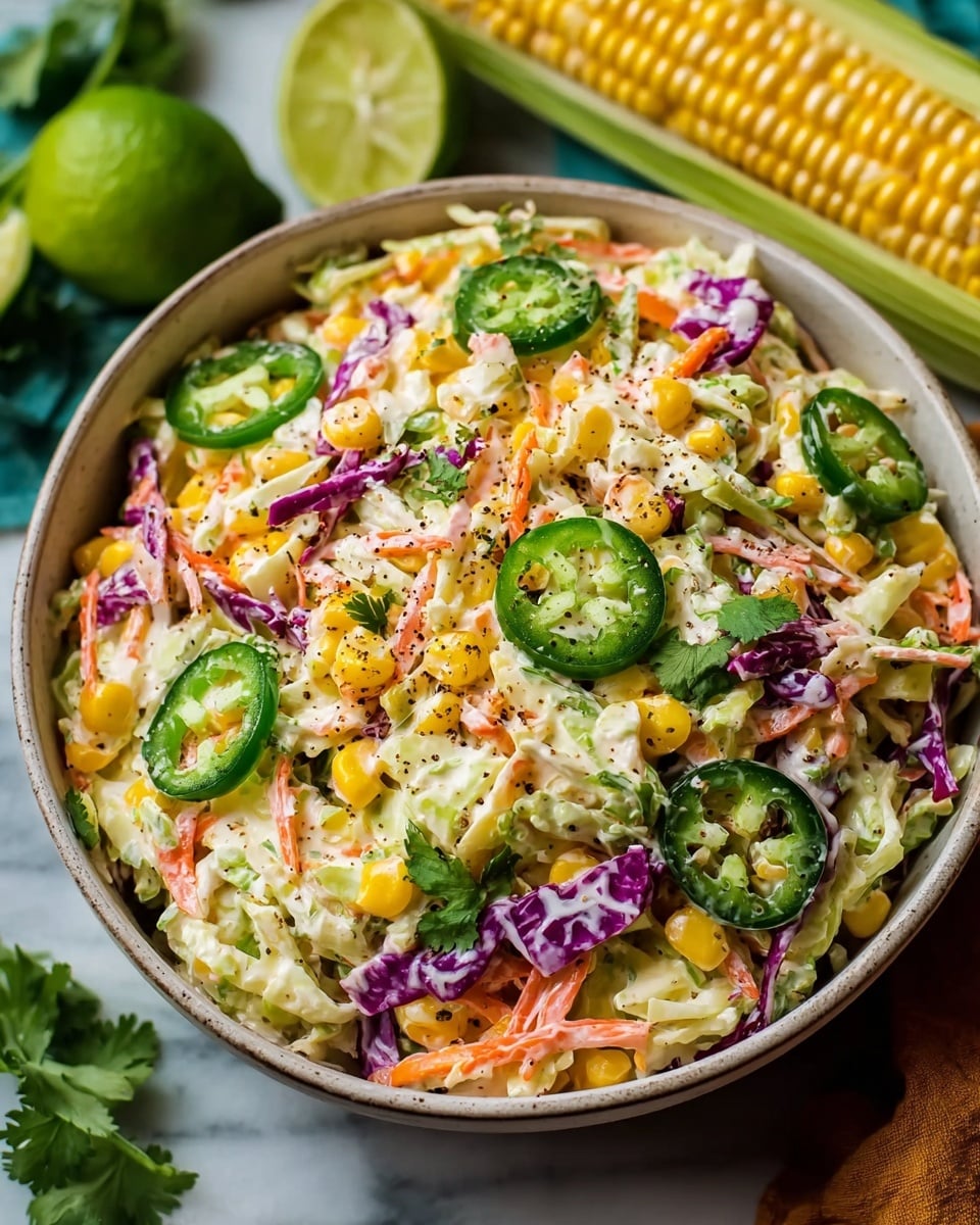 A large white bowl filled with a colorful salad showing layers of yellow corn kernels, thin purple cabbage strips, light green cabbage shreds, and thin orange carrot sticks all mixed together with a creamy white dressing. On top, there are round green jalapeño slices and small green cilantro leaves scattered as garnish, with a sprinkling of black pepper. The bowl sits on a white marbled surface with a blurred lime half and corn cob in the background. Photo taken with an iphone --ar 4:5 --v 7