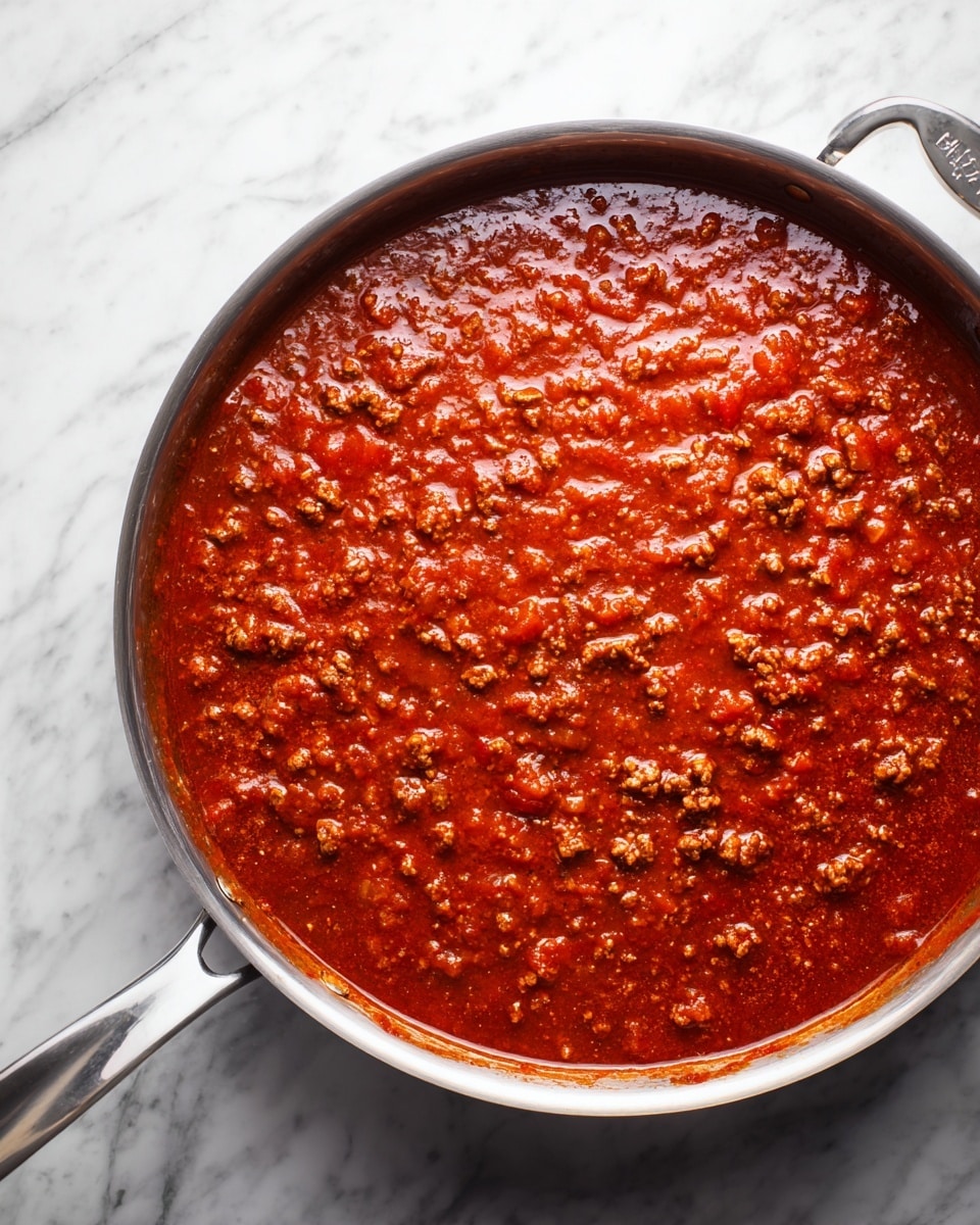A silver pan filled with a thick mixture of meat sauce and melted cheese is shown, with a wooden spoon lifting a portion above the pan. The mixture has a rich reddish-brown color with chunks of meat and melted cheese stretching in long strings from the pan to the spoon. The background is dark, contrasting with the warm colors of the dish. The surface beneath the pan is a white marbled texture. photo taken with an iphone --ar 4:5 --v 7