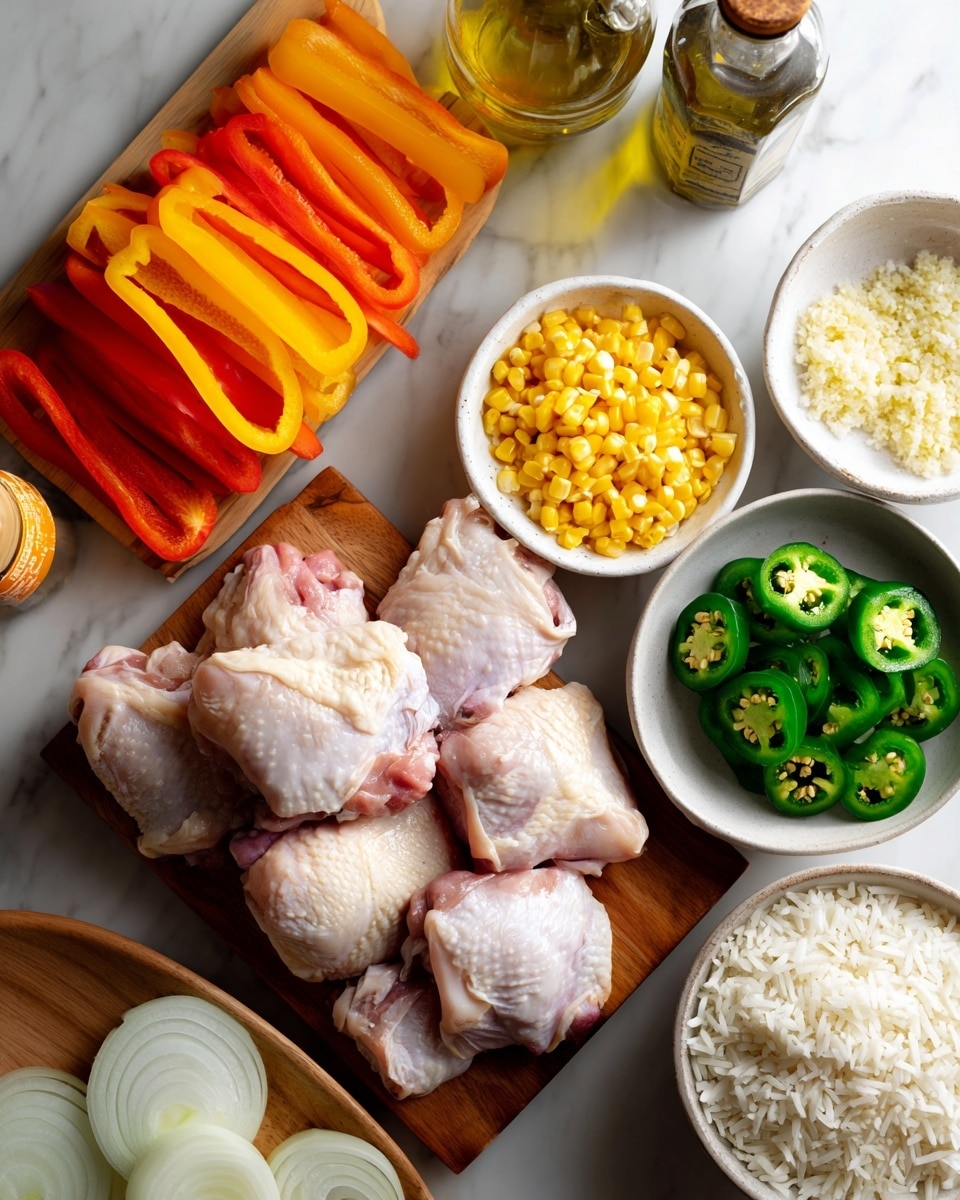 A bowl filled with several raw chicken thighs sits on a white marbled surface, alongside a bottle of orange seasoning sauce and a bottle of olive oil. Nearby, a wooden board holds a colorful arrangement of sliced vegetables: bright orange, red, and yellow bell pepper strips on the left, a small white bowl of yellow corn in the center, and several thick slices of green jalapeño peppers with seeds showing on the right. Below the tray, there are thick white rings of onion, a small white bowl of minced garlic, and a partial view of a white bowl filled with cooked white rice. Photo taken with an iphone --ar 4:5 --v 7