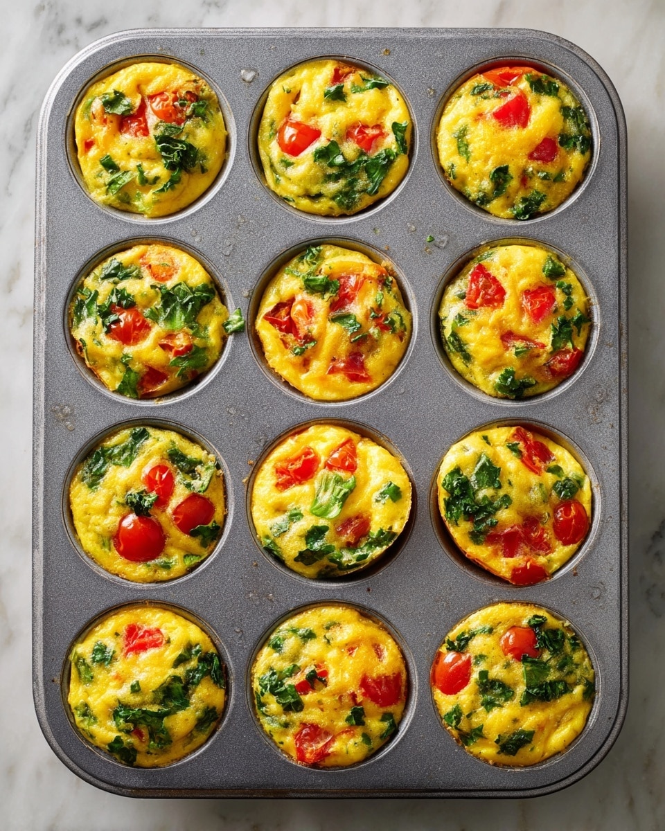 A gray metal muffin tray holds twelve small egg muffins. Each muffin has a yellow, soft egg base mixed with green leafy vegetables and bright red cherry tomato pieces scattered throughout. The muffins have a slightly uneven but fluffy texture on top and are evenly spaced in the tray. The background is a white marbled surface. photo taken with an iphone --ar 4:5 --v 7