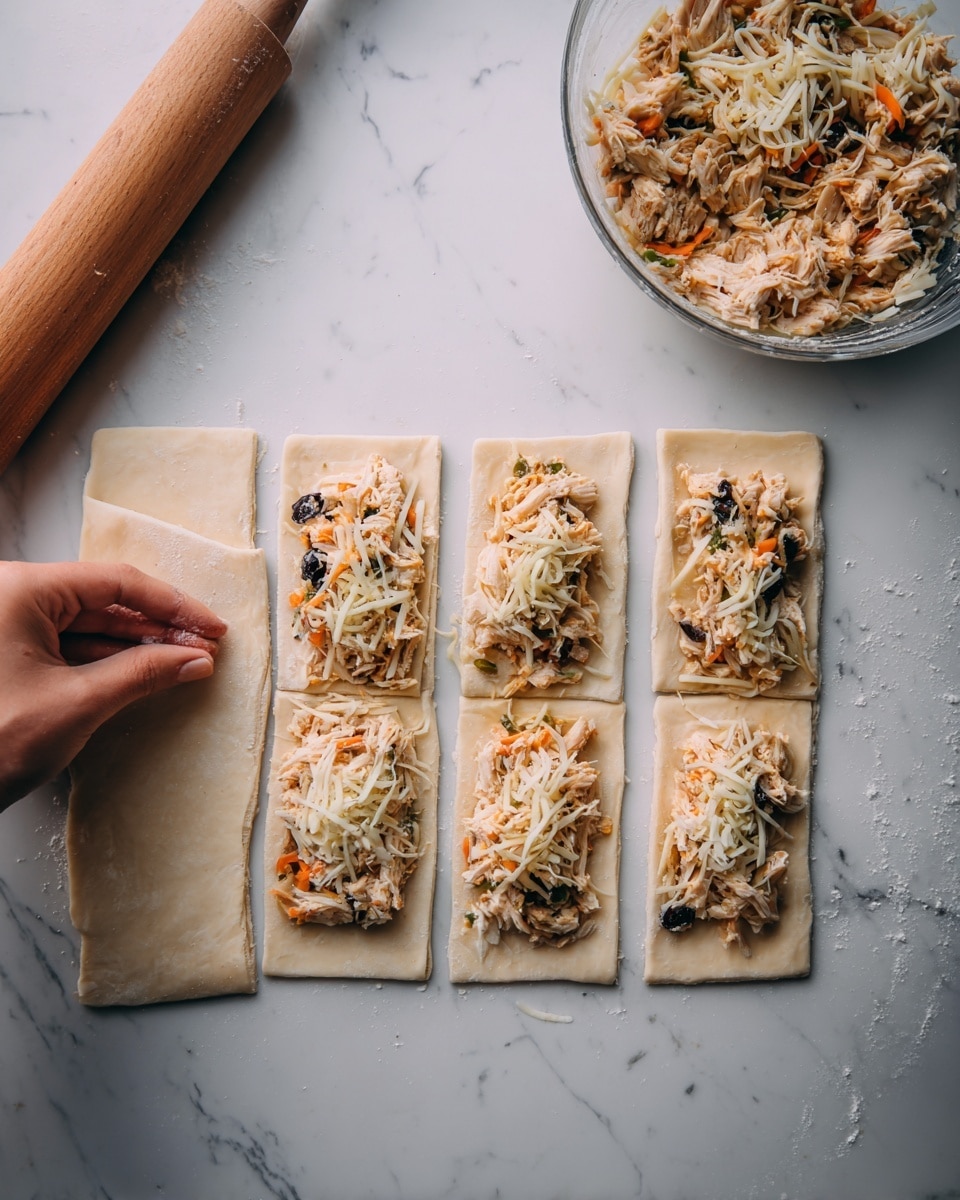 A white marbled surface shows six pieces of light beige dough cut into rectangles with uneven edges. One piece on the right is filled with a layer of shredded cooked chicken mixed with small orange carrot slices and black olives, topped with shredded cheese, as a woman's hand begins to fold the dough over the filling. A wooden rolling pin lies across the top left corner, and a clear glass bowl filled with more of the shredded chicken mixture is visible on the right side. Photo taken with an iphone --ar 4:5 --v 7