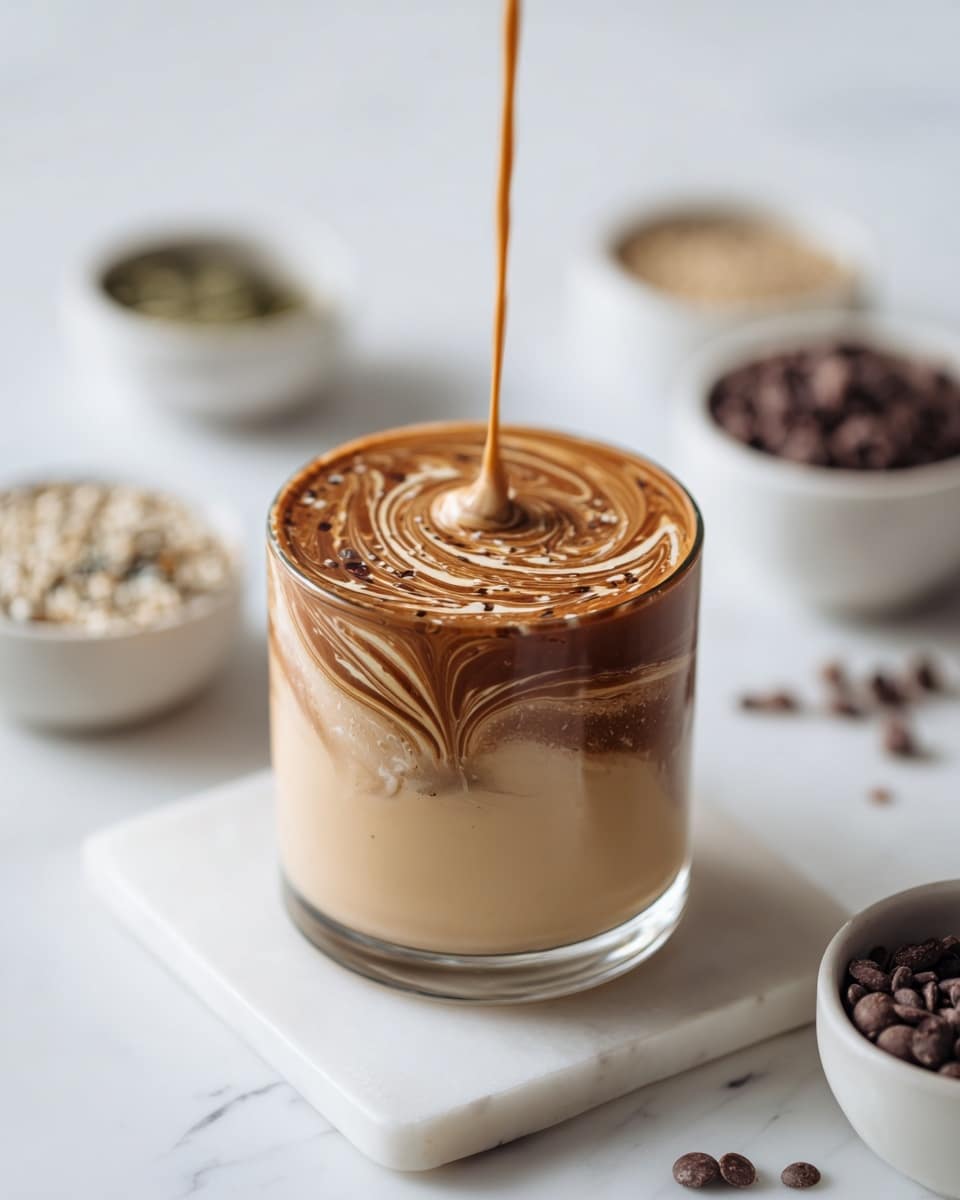 A clear glass filled with three visible layers of a beige-light brown creamy mixture with a swirling pattern, poured from a container above, creating a smooth texture on top; the glass sits on a white marbled surface surrounded by small white bowls filled with seeds and chocolate chips, the background and setting are bright and clean. Photo taken with an iphone --ar 4:5 --v 7