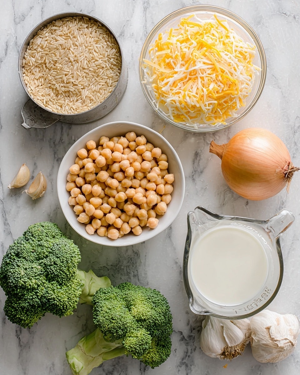 A flat lay image showing groups of different food ingredients arranged on a white marbled surface. There is a white bowl filled with round beige chickpeas near the center, a glass bowl with shredded yellow and white cheese above it, a metal cup holding uncooked brown rice to the left, and a glass measuring cup with white milk at the bottom right. Two small heads of bright green broccoli are placed on the bottom left and middle right. Above the bowl of chickpeas, there is a whole light brown onion and two cloves of garlic on the right side. The image is clean and bright, showing fresh and natural textures. photo taken with an iphone --ar 4:5 --v 7