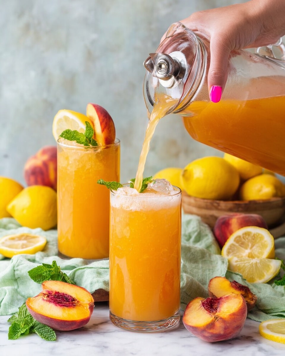 A clear glass is being filled with thick, bright orange peach juice from a glass dispenser with a silver spout held by a woman's hand with pink nail polish. Next to it is another glass filled with the same peach juice, topped with a foam layer and decorated with a slice of peach, a lemon wedge, and a small green mint leaf on the rim. Around the glasses are fresh peach halves and slices showing their deep red centers and yellow skin, as well as sliced lemons with bright yellow tones. The scene sits on a white marbled surface with a light green cloth and some green mint leaves scattered around. In the background, there are more whole lemons and peaches creating a fresh, colorful setting. photo taken with an iphone --ar 4:5 --v 7