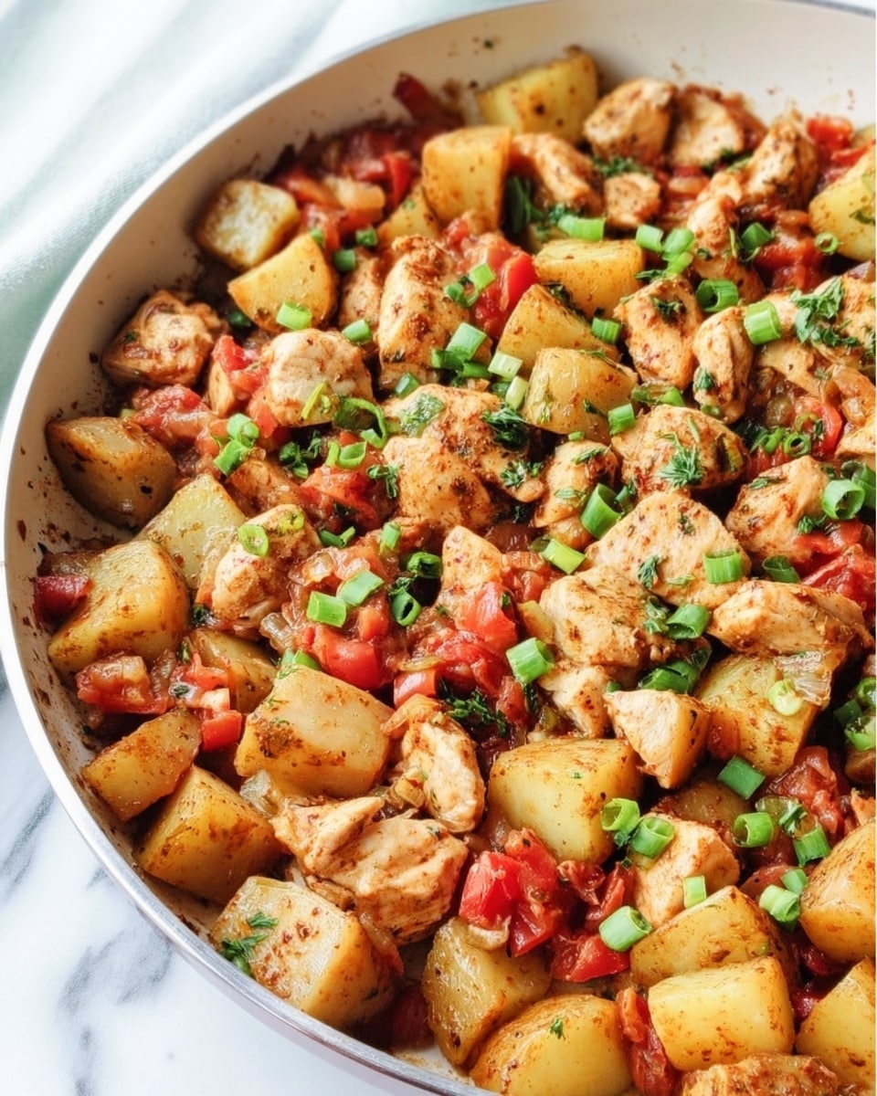 A white pan filled with a cooked dish made of many small pieces of light brown chicken and golden-brown potato chunks, mixed with diced red tomatoes and herbs, all coated in a light sauce. The dish is topped with scattered chopped green onions and bits of finely chopped green herbs, adding bright green color throughout. The pan sits on a white marbled surface with a blue and white striped cloth partially visible underneath. Photo taken with an iphone --ar 4:5 --v 7