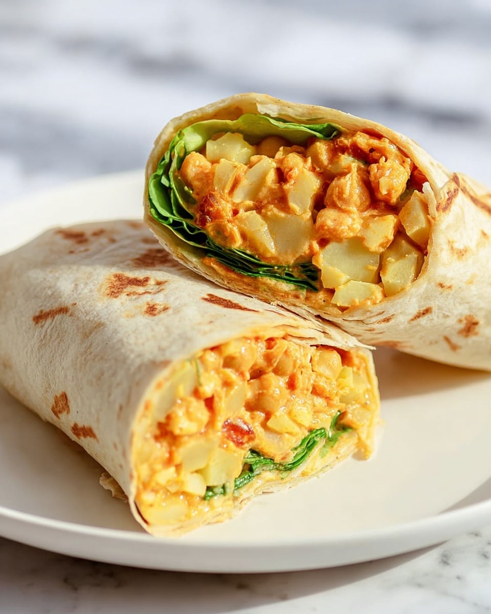 A woman's hand holds a wrap cut into two halves showing layered filling. The outer layer is a soft, pale tortilla wrap. Inside, there is a layer of bright green leafy lettuce, followed by small pieces of light green avocado. Next, there is a layer of orange chickpeas mixed with a creamy sauce. Beneath that, there are thin strips of purple cabbage adding color contrast. All of this rests on a white plate against a white marbled surface. photo taken with an iphone --ar 4:5 --v 7