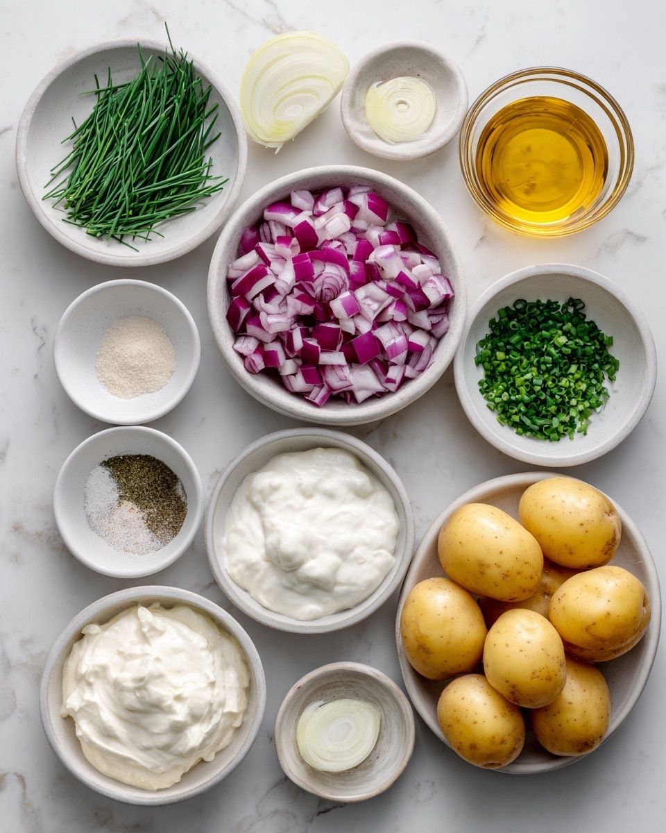 The image shows various ingredients arranged neatly on a white marbled surface. There are ten small white bowls and containers, each holding a different ingredient: diced red onion in a shallow white bowl, creamy sour cream in a small bowl, thick Greek yogurt in a similar bowl, thinly sliced shallots, finely chopped green chives, a small bowl of onion powder, another small bowl with a mix of salt and black pepper, and a tiny bowl filled with garlic powder. A small glass container holds golden apple cider vinegar. To the right, there is a bag of small yellow potatoes in red mesh. Each ingredient is separated clearly, creating a clean and organized look. Photo taken with an iphone --ar 4:5 --v 7