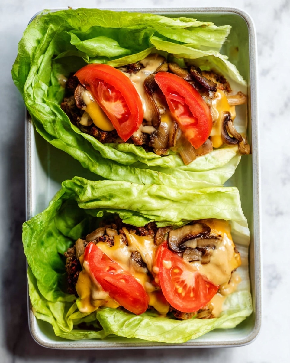 Two lettuce wraps sit side by side in a white, rectangular dish on a white marbled surface. Each wrap has layers starting with bright green crisp lettuce leaves forming the outer shell. Inside, there is a cooked meat patty with melted, creamy orange cheese on top. Above the meat and cheese, there are small pieces of sautéed onions and brown mushrooms. On each wrap, there are also two fresh, red tomato slices and some light tan sauce drizzled over the ingredients. The overall look is fresh, colorful, and layered with natural textures. Photo taken with an iphone --ar 4:5 --v 7