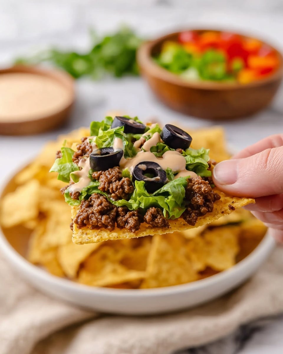 A close-up of a woman’s hand holding a single light yellow nacho chip topped with several layers from bottom to top: green leafy lettuce, dark brown cooked ground meat, creamy light beige sauce drizzled unevenly, and two small black olives on the side. In the background, there is a white bowl filled with more nacho chips and a blurred wooden bowl with colorful chopped vegetables. The surface is a white marbled texture with a beige cloth nearby. Photo taken with an iphone --ar 4:5 --v 7