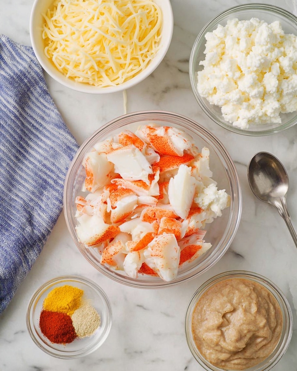 A clear glass bowl filled with large chunks of white and bright orange imitation crab meat sits in the center on a white marbled surface. To the top left is a white bowl overflowing with shredded yellow and white cheese, with some shreds spilled out next to a blue and white striped cloth napkin. At the top right corner, a clear glass bowl shows lumpy white cottage cheese. Below the crab bowl is another clear glass bowl filled with a light brown, creamy paste or puree. To the left of this bowl is a small clear glass dish containing three seasonings: red, yellow, and light beige powder, arranged side by side. A shiny silver spoon is placed near the top right beside the cottage cheese bowl. photo taken with an iphone --ar 4:5 --v 7