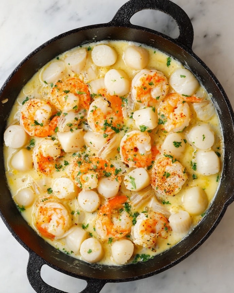 A black cast iron pan filled with a creamy light yellow sauce containing a mix of peeled shrimp and small white scallops. The shrimp are orange and white, arranged evenly on the surface, while the scallops are scattered all around, showing a smooth texture. Small green parsley bits are sprinkled lightly on top, adding a touch of color contrast against the seafood and sauce. The pan sits on a white marbled surface. photo taken with an iphone --ar 4:5 --v 7