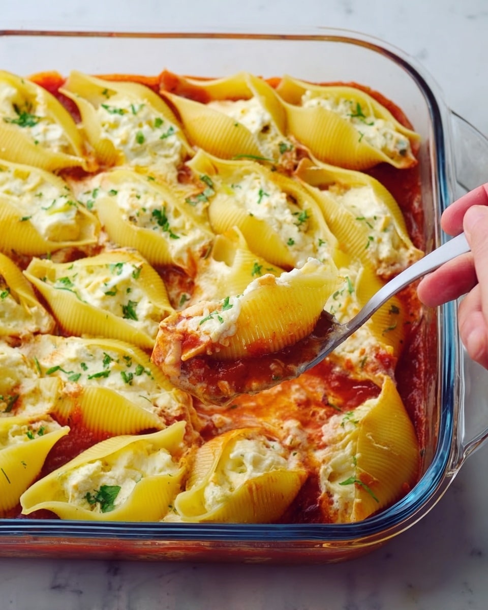 The image shows a glass square baking dish filled with stuffed pasta shells. The bottom layer is a red tomato sauce, covered with large yellow pasta shells filled with a creamy white cheese mixture. The cheese is melted with a smooth texture and small green herb pieces sprinkled on top. A woman's hand holds a spoon lifting one pasta shell, showing the cheese filling inside and the sauce underneath. The dish sits on a white marbled surface. photo taken with an iphone --ar 4:5 --v 7