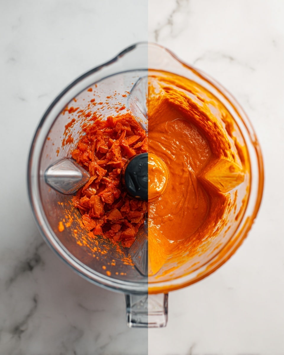 The image shows two close-up shots of a clear blender pitcher placed on a white marbled surface. The left side shows a chunky orange-red liquid with pieces floating inside, indicating a partially blended mixture. The right side shows a smooth, thick, bright orange sauce with a creamy texture, fully blended and filling the bottom of the pitcher. The blender pitcher has clear plastic blades visible at the base. Photo taken with an iphone --ar 4:5 --v 7