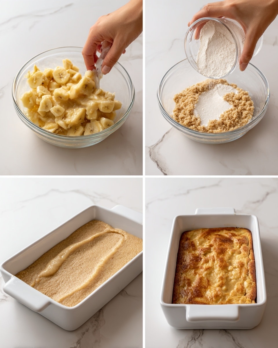 The image shows a four-step process for making a dish. In the first step, a woman's hand is mashing soft, light yellow banana pieces in a clear glass bowl. In the second step, a white powder is being poured into the mashed banana mixture in the same clear glass bowl, creating a light beige, grainy textured batter. The third step shows the batter spread evenly in a white rectangular baking dish, with a smooth, light brown surface ready to be baked. The fourth step shows the baked dish with a golden brown, slightly textured top, still in the same white rectangular baking dish, cooling on a white marbled surface. Photo taken with an iphone --ar 4:5 --v 7