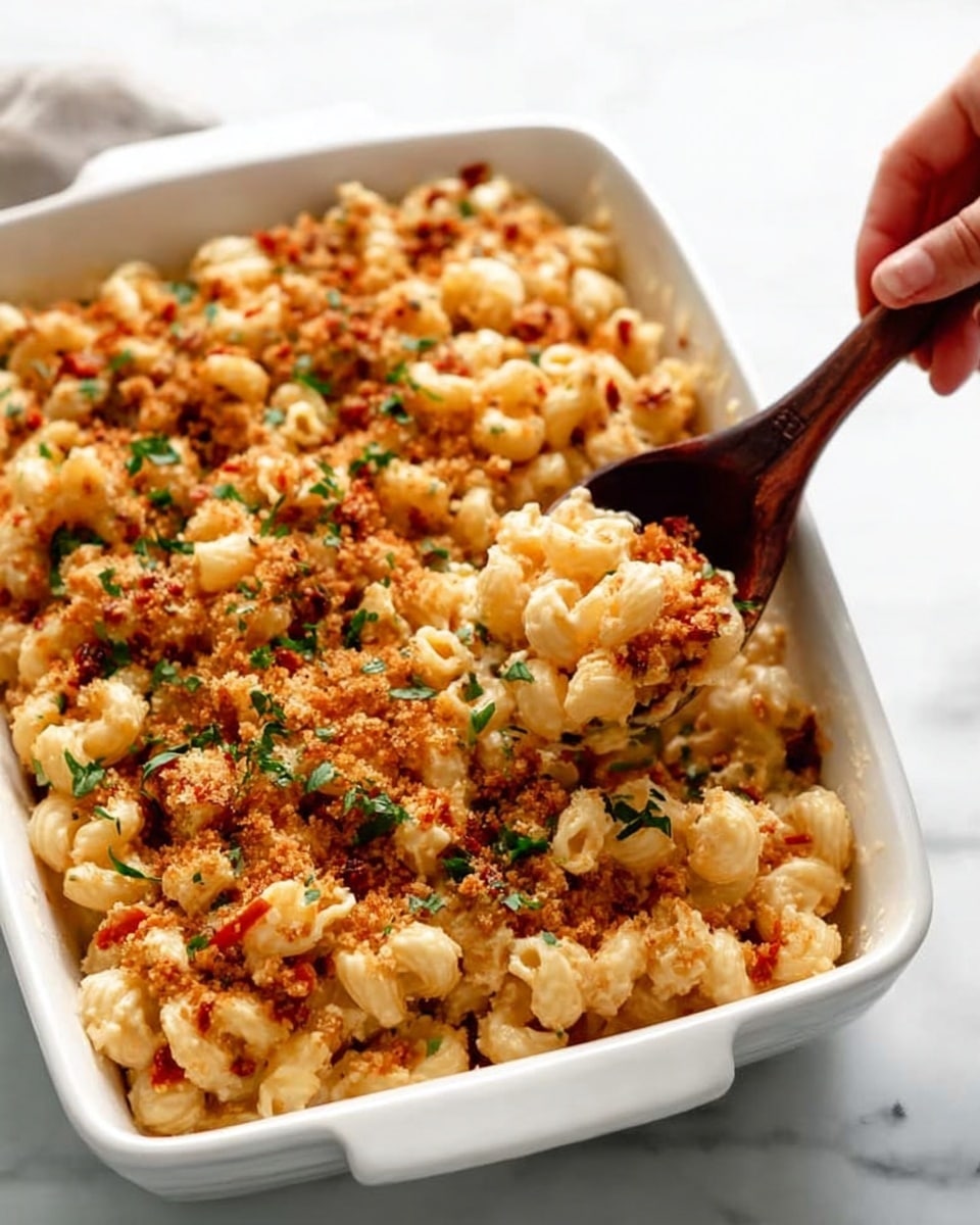 The image shows a white rectangular baking dish filled with creamy macaroni pasta mixed with browned, crumbly topping and small bits of reddish ingredients. The pasta is light golden in color and the topping creates a textured, crunchy layer scattered on top, mixed with finely chopped green herbs. A woman's hand is holding a dark wooden spoon scooping some of the pasta from the corner of the dish. The baking dish sits on a white marbled surface. Photo taken with an iphone --ar 4:5 --v 7