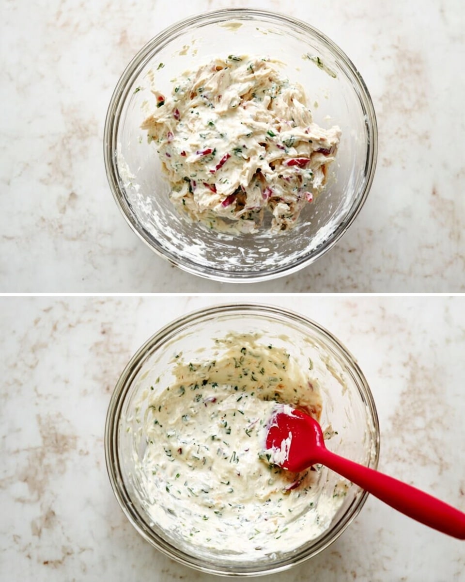 A clear glass bowl sits on a white marbled surface, filled with a creamy white mixture flecked with small green herbs, showing a smooth, slightly thick texture with a red spatula resting inside. In the next scene, the same clear bowl contains a thicker creamy mix with pieces of shredded light brown chicken and small chopped red onion, all blended with the white sauce, the red spatula partially immersed in the mix. photo taken with an iphone --ar 4:5 --v 7