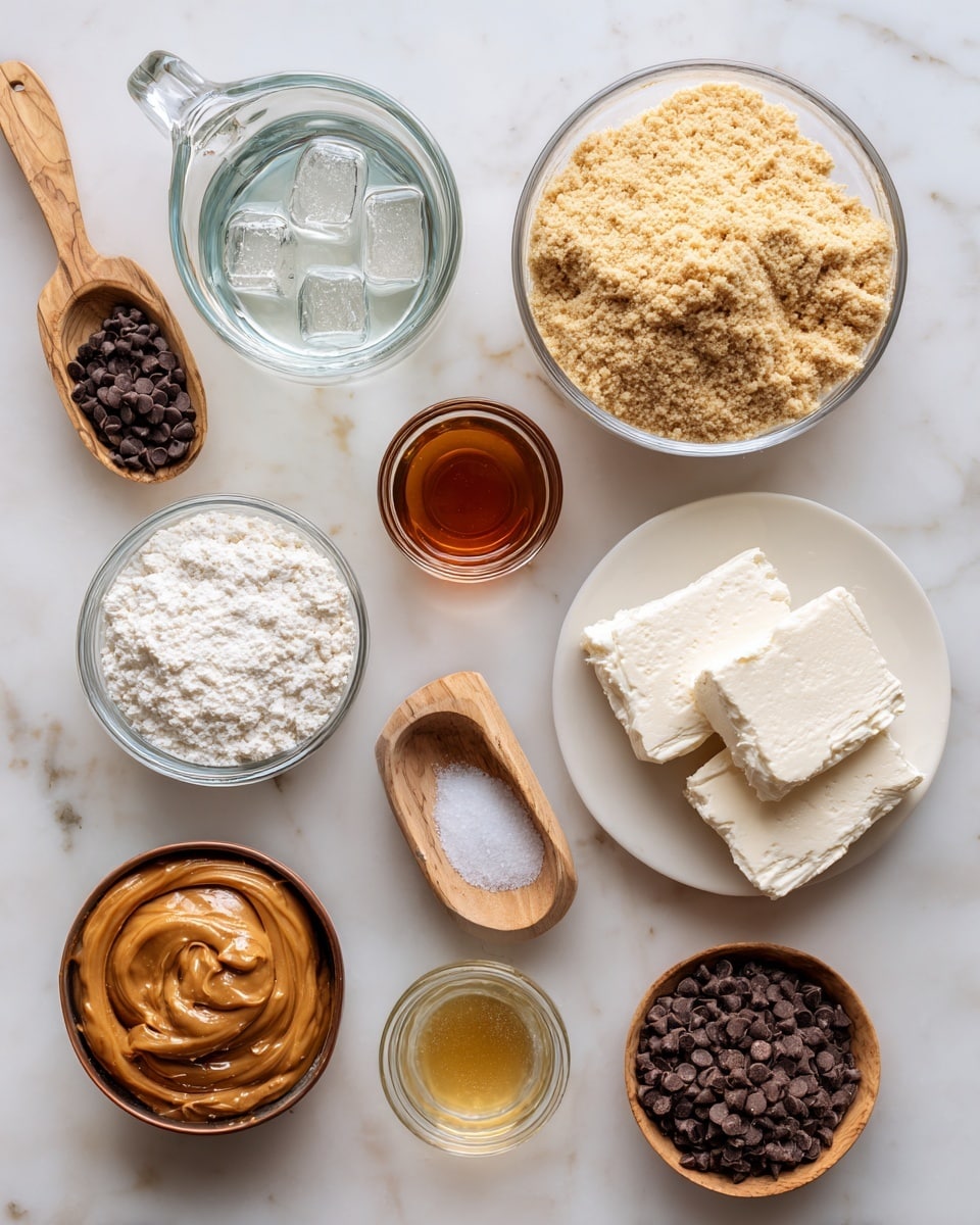 The image shows various baking ingredients neatly arranged on a white marbled surface. There is a clear glass bowl at the top right filled with light tan almond flour. To its left, a small clear glass mug contains cold water with ice cubes. Below the water, a clear glass bowl holds white tapioca flour. Next to it on the right is a small amount of dark amber maple syrup in a tiny glass bowl. On the far right, a wooden scoop holds mini chocolate chips. Below the almond flour bowl to the right, a white bowl contains three thick slices of white vegan cream cheese. Below the tapioca flour is a copper container filled with smooth brown peanut butter. Beside that, a small clear glass bowl holds white coconut oil. Next to the peanut butter, a small dark brown bowl contains coarse white sea salt. To the right of the sea salt bowl, a clear glass bowl is filled with brown coconut sugar. Finally, a tiny clear glass container with light yellow vanilla extract is at the bottom right. The warm wood tone kitchen table is replaced by white marble as the background. photo taken with an iphone --ar 4:5 --v 7