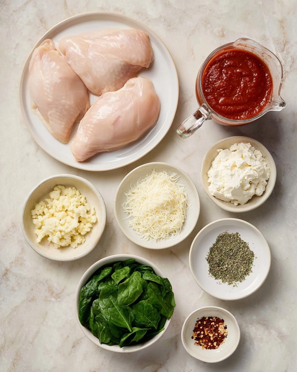 The image shows an overhead view of ingredients for a meal arranged neatly on a white marbled surface. At the top left, there is a white plate holding three raw chicken pieces, pale pink and smooth. To its right, there is a small clear glass jug filled with rich red tomato sauce, with a handle visible. Below the plate, six white bowls contain different ingredients: minced yellow garlic, chopped green spinach leaves, soft white ricotta cheese, grated white cheese, and a small plate with mixed dried herbs and red chili flakes. The colors are soft and natural, and all items are clearly separated in a clean, organized setup. Photo taken with an iphone --ar 4:5 --v 7