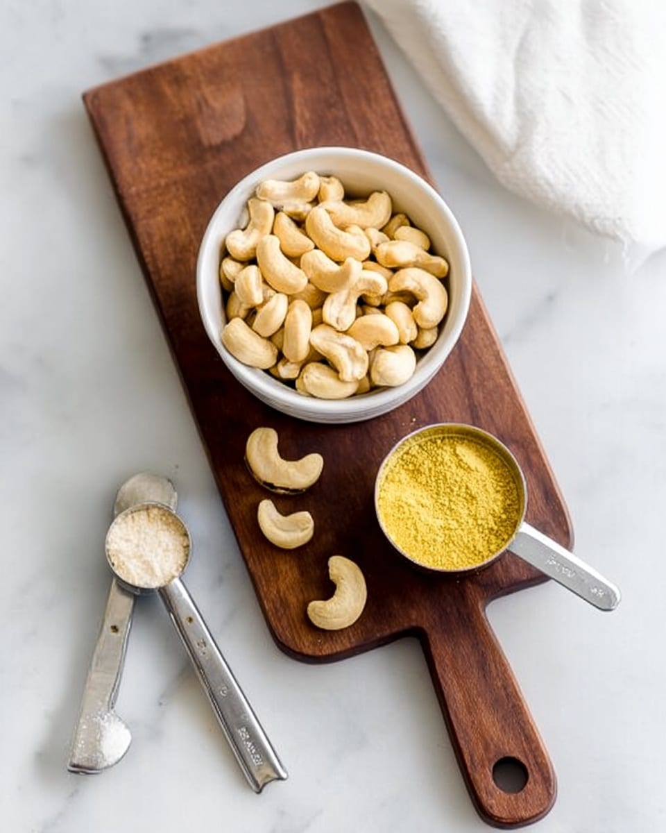 A white bowl filled with whole cashew nuts sits on a dark wooden board with a handle, placed on a white marbled surface. Next to the bowl, a metal measuring cup holds yellow nutritional yeast, with a few cashews scattered around it. Two metal measuring spoons containing white salt and beige powder lie side by side near the bottom left of the board, with a woman's hand reaching slightly from the edge. The scene is bright and clean, focused on the ingredients with a simple, natural look photo taken with an iphone --ar 4:5 --v 7