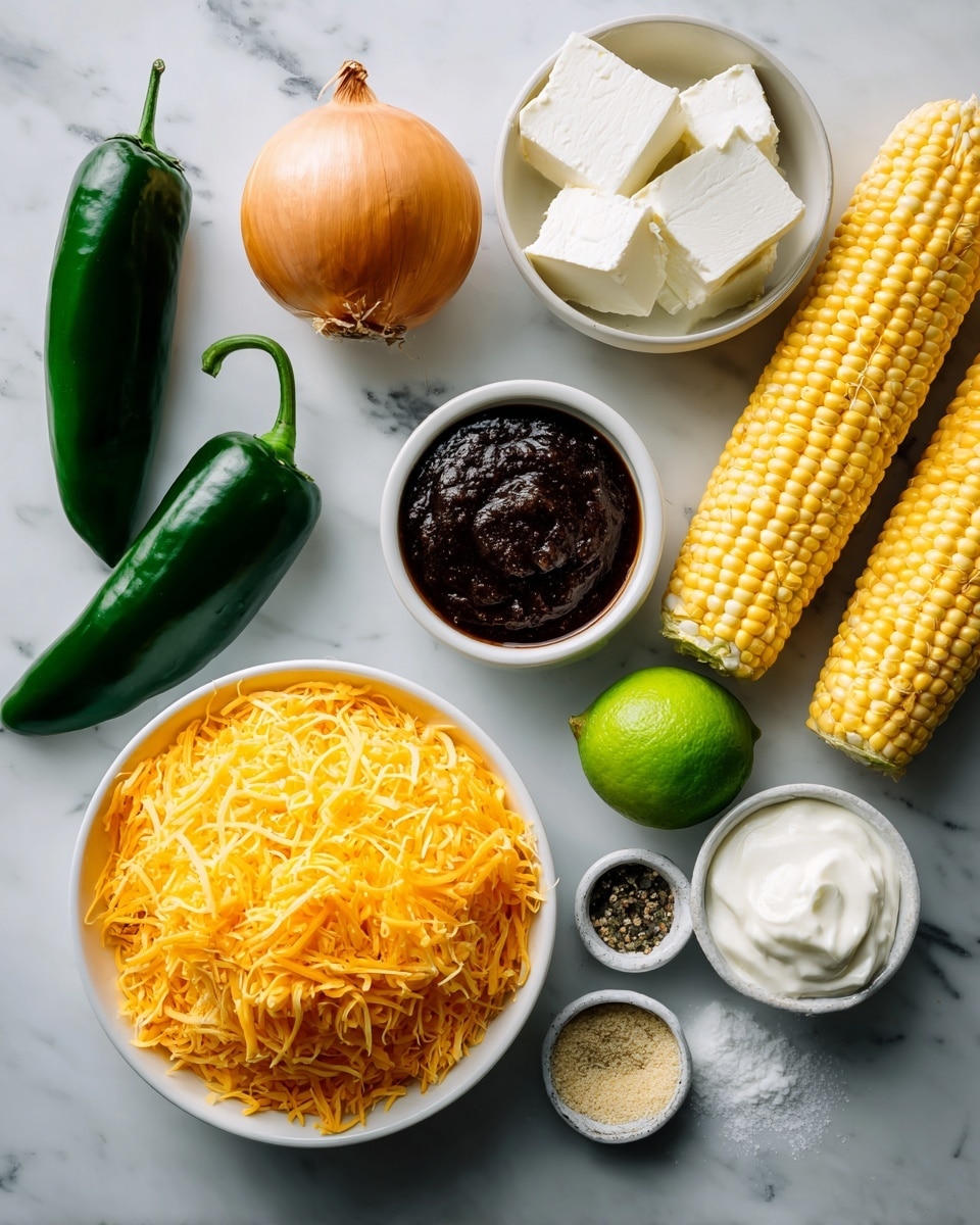 The image shows a neatly arranged flat lay of ingredients on a white marbled surface. There are two poblano peppers, dark green and smooth, placed on the left. Nearby, a round brown onion sits in its natural skin, and two ears of bright yellow corn, with kernels showing clearly, lie side by side. A bowl with white cream cheese blocks rests to the top right, while a dollop of white sour cream is next to it in a small white bowl. A halved lime with vibrant green flesh is placed near a small dish filled with dark brown adobo sauce. Below it, a larger white bowl holds a large pile of shredded extra sharp cheddar cheese, bright orange and finely shredded. Small mounds of salt, black pepper, and light-colored garlic powder sit in the bottom right corner, each clearly separate. The whole scene is lit softly to highlight the fresh and varied colors of the ingredients. Photo taken with an iphone --ar 4:5 --v 7