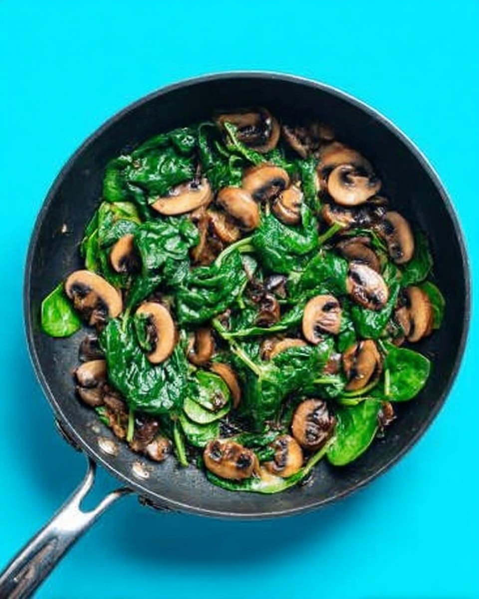 A black frying pan filled with cooked mushrooms and spinach. The mushrooms are soft, brown, and sliced, scattered evenly on top of wilted bright green spinach leaves. The pan is placed on a bright blue background. The spinach looks tender and moist, while the mushrooms have a slightly shiny, cooked texture. The pan's handle extends to the bottom left of the image. photo taken with an iphone --ar 4:5 --v 7