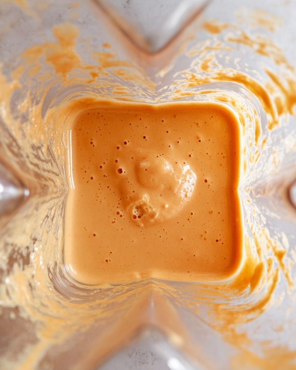A close-up top view of a blender container filled with smooth, creamy sauce that is light orange in color with a few small bubbles and tiny darker specks on its surface. The inside walls of the clear blender show some sauce splashes and streaks, creating a glossy and thick texture. The background is a white marbled texture. Photo taken with an iphone --ar 4:5 --v 7