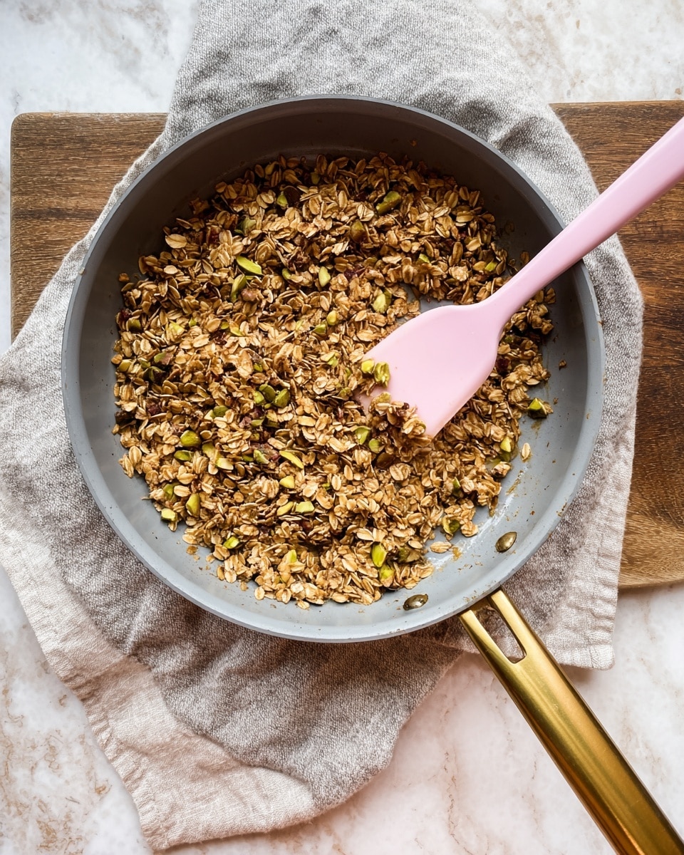 A white bowl holds a fresh breakfast with three main layers: at the bottom are smooth blueberries in deep blue, on top of them are clusters of crunchy oat granola with roasted pistachios, brown and green in color. On one side, three bright red strawberry slices fan out neatly. A gold spoon rests inside the bowl on the right. The bowl sits on a patterned gray cloth over a white marbled surface, with more granola spread out blurred in the background. photo taken with an iphone --ar 4:5 --v 7
