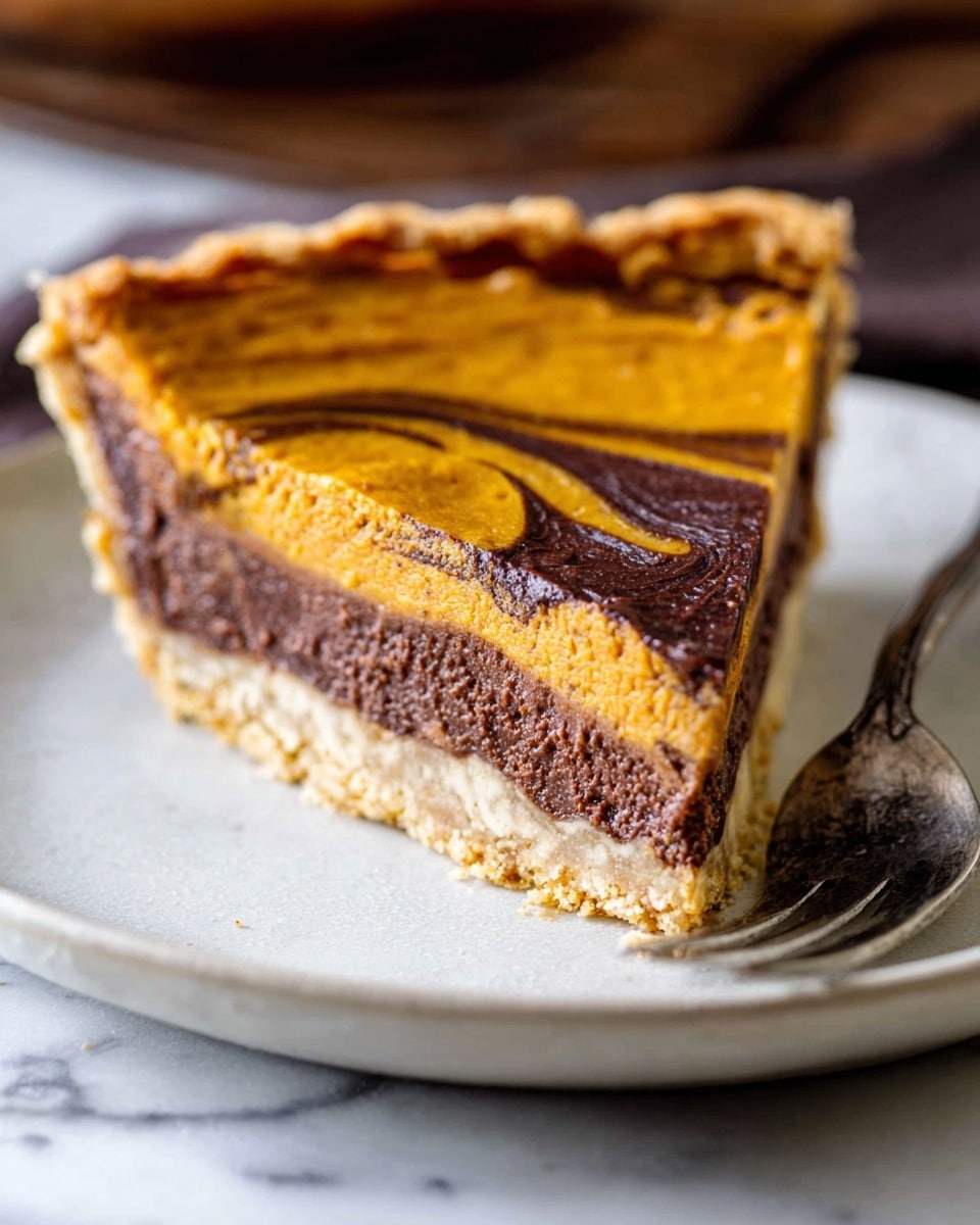 The image shows a round pie with a thick crust that has wavy edges. Inside the crust, the pie filling has two swirled layers, one orange and one dark brown, mixed together in a marbled pattern on the surface. The crust is light golden brown and looks flaky. The pie is placed on a light gray cloth, which rests on a white marbled surface. Photo taken with an iphone --ar 4:5 --v 7