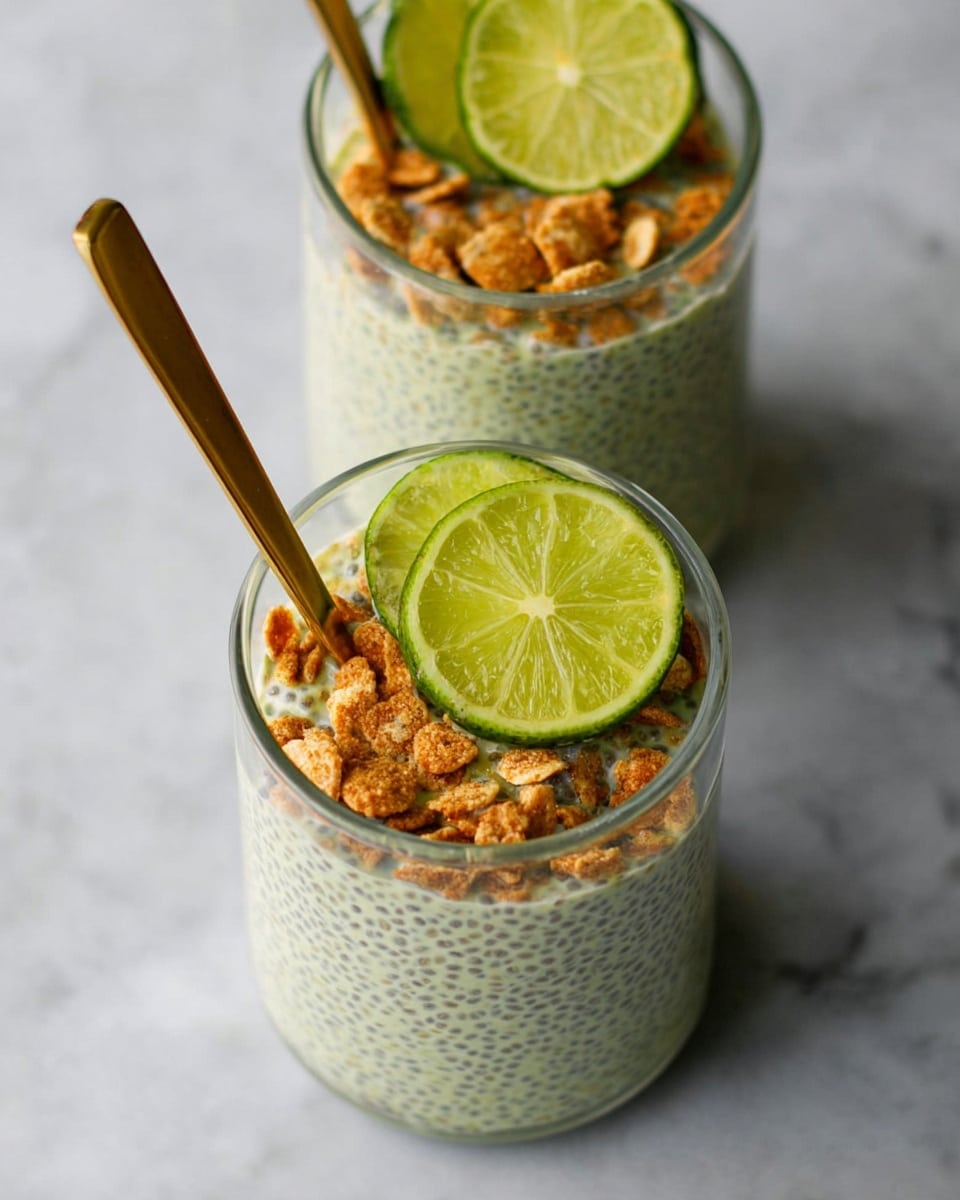 Two clear glass jars filled with a pale green chia pudding mixed with small black chia seeds, with a layer of light brown crunchy cereal pieces near the top and more cereal scattered on the surface. Each jar is topped with two fresh, thin green lime slices resting on the cereal, and a golden spoon is placed inside each jar. The jars sit on a white marbled surface. photo taken with an iphone --ar 4:5 --v 7