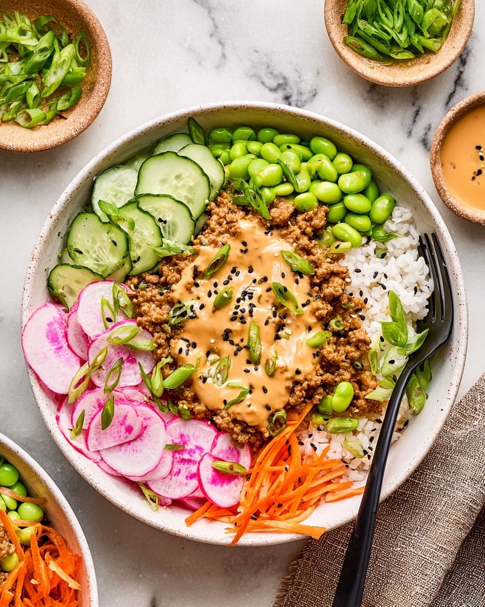 The image shows a bowl layered with white rice at the bottom, topped with cooked ground meat covered in a light tan sauce with a smooth texture in the center. Around the meat are separate sections of thinly sliced green cucumber, bright green edamame beans, thinly sliced radishes with a white inside and pink edges, and shredded orange carrots. Each section is garnished with small green scallion slices and sprinkled lightly with black sesame seeds. The bowl is white and placed on a white marbled surface, with a black fork resting inside it. Nearby are small dishes containing sauce and more green scallions. photo taken with an iphone --ar 4:5 --v 7