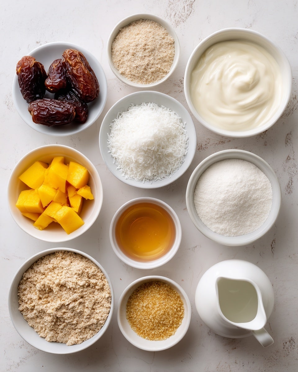 The image shows ten white bowls arranged on a white marbled surface, each holding a different ingredient. Starting from the top left, the first bowl contains dark brown whole dates, rough in texture. To its right is a bowl of smooth, creamy white yoghurt. Next to it is a smaller white bowl with clear, slightly shiny coconut oil. Below these, a large bowl filled with finely shredded white desiccated coconut sits in the center. To its right is a bowl of thick, white coconut cream with a soft texture. Below the dates, a small bowl holds golden maple syrup, clear with a glossy surface. Below the syrup is a small bowl with fine white cornstarch and agar agar powder. Below the coconut is a large bowl filled with finely ground almond meal, light brown and grainy. To the right is a bowl of yellow mango pieces, smooth and juicy. Finally, in the bottom right corner, a small white pitcher holds off-white plant milk. All items are neatly arranged with visible labels next to each bowl photo taken with an iphone --ar 4:5 --v 7