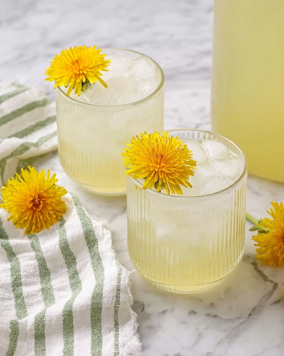 Two clear ribbed glasses filled with light yellow liquid and ice cubes sit on a white marbled surface. Each glass has a bright yellow dandelion flower attached to the rim as a garnish. Next to the glasses, a white cloth with green stripes is folded casually. In the background, part of a large container filled with the same light yellow liquid is visible. The scene is bright and clean, with the yellow flowers adding a pop of color. photo taken with an iphone --ar 4:5 --v 7