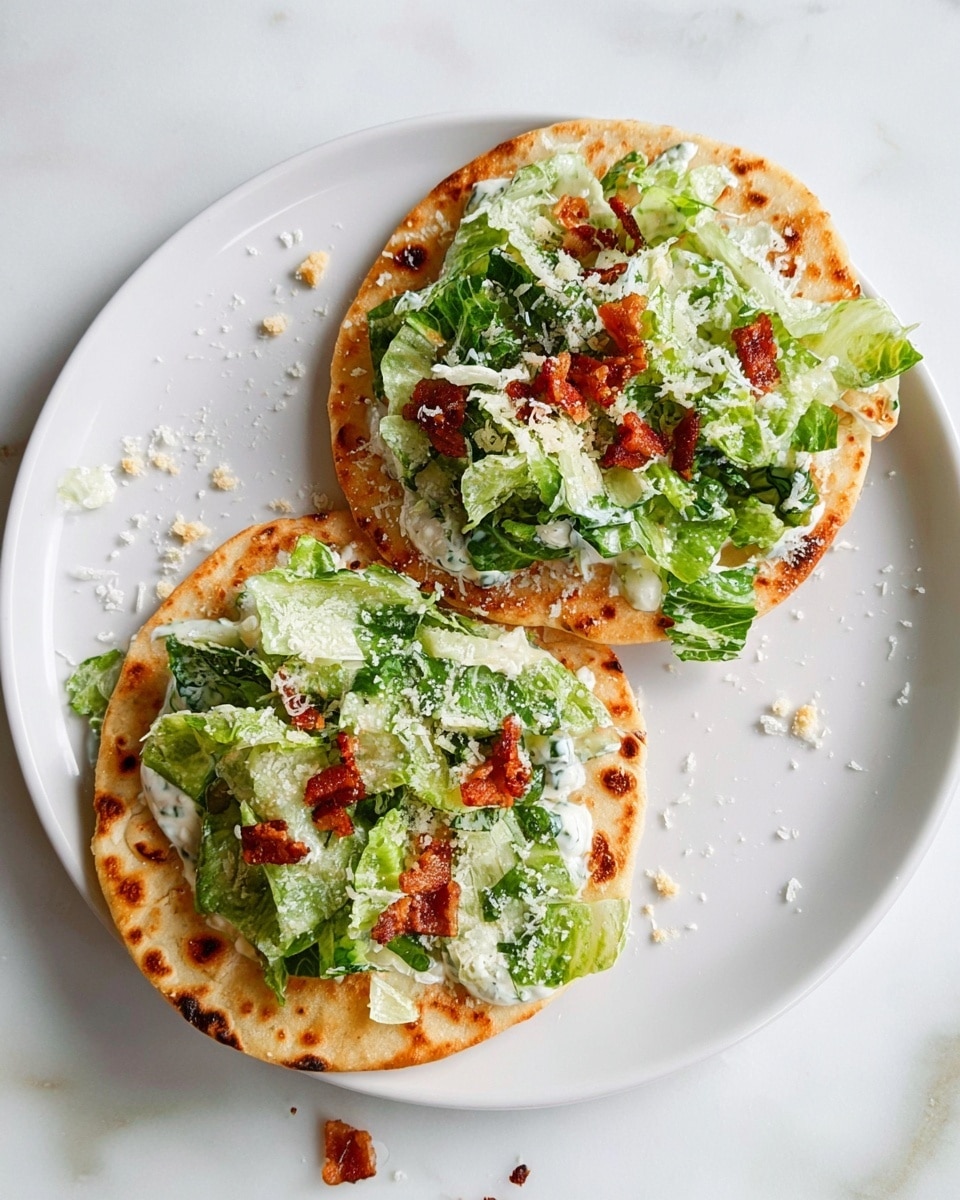 The image shows two round flatbreads placed side by side on a white plate, each topped with a layer of green leafy lettuce mixed with creamy white dressing. The flatbreads have a golden brown, crispy surface with small darker spots, and the lettuce looks fresh with shredded white cheese sprinkled generously on top. Small bits of crispy bacon are scattered over the cheese, adding texture and color contrast. The plate rests on a white marbled surface, with a few crumbs and small scattered bits around the plate. photo taken with an iphone --ar 4:5 --v 7