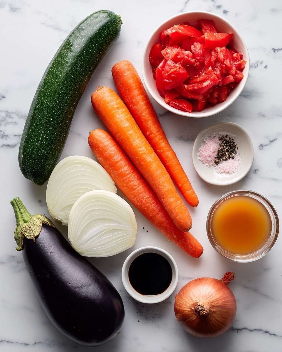 The image shows a flat lay of fresh ingredients on a white marbled surface, arranged neatly with clear labels. There is one whole dark green zucchini, one bright orange carrot, one large deep purple eggplant, one red bell pepper, and one onion sliced in half showing its white layers. Between them are two small pieces of garlic and a small white dish with pink salt and black pepper. A white bowl filled with bright red crushed tomatoes is placed near the top right, next to a small white bowl with dark balsamic vinegar, and a clear glass cup holding light orange veggie broth. The colors stand out vividly with rich reds, greens, oranges, and purples against the white marbled background. photo taken with an iphone --ar 4:5 --v 7