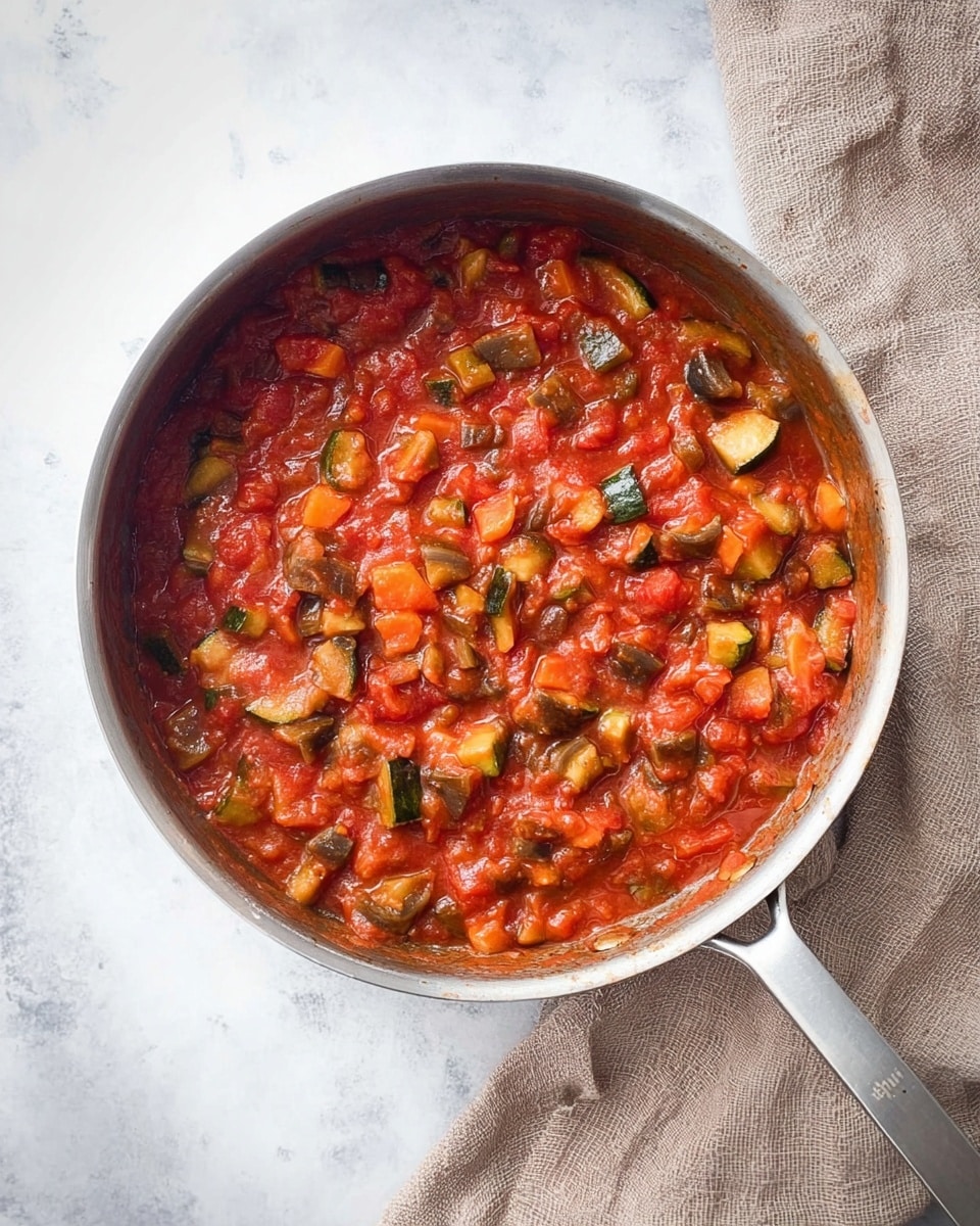 A silver pan filled with a chunky red tomato sauce that has pieces of cooked vegetables like green zucchini, orange carrots, and beige eggplants mixed evenly throughout. The sauce looks thick and rich with a slightly glossy texture. The pan is set on a white marbled surface with a beige cloth napkin folded and placed to the upper right side. The pan handle extends to the right side, showing its simple metallic design. photo taken with an iphone --ar 4:5 --v 7