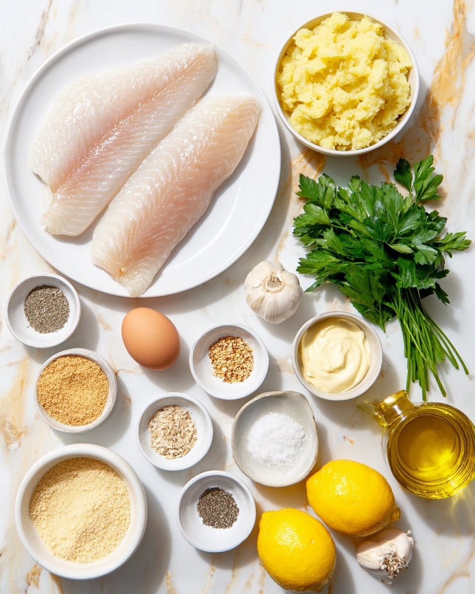 The image shows a white plate with two raw fish fillets, pale pinkish in color and smooth in texture, placed towards the upper left side on a white marbled surface background with gold veins. Around it, there are multiple white bowls and small dishes neatly arranged: a bowl filled with light yellow mashed potatoes on the upper right, a small bowl of mayonnaise near the center, two bowls of light brown breadcrumbs on the left, and a small dish of coarse salt and another with black pepper above the mashed potatoes. There is also a whole onion with its skin on near the center, a whole egg on a small white dish below the mayonnaise, a bunch of fresh green parsley on a plate to the right, a few garlic cloves at the bottom left, a small bowl of yellow mustard next to two bright yellow lemons at the bottom right, and a glass bottle with yellow olive oil near the top right. Everything is laid out with clear spacing, emphasizing each ingredient separately. Photo taken with an iphone --ar 4:5 --v 7