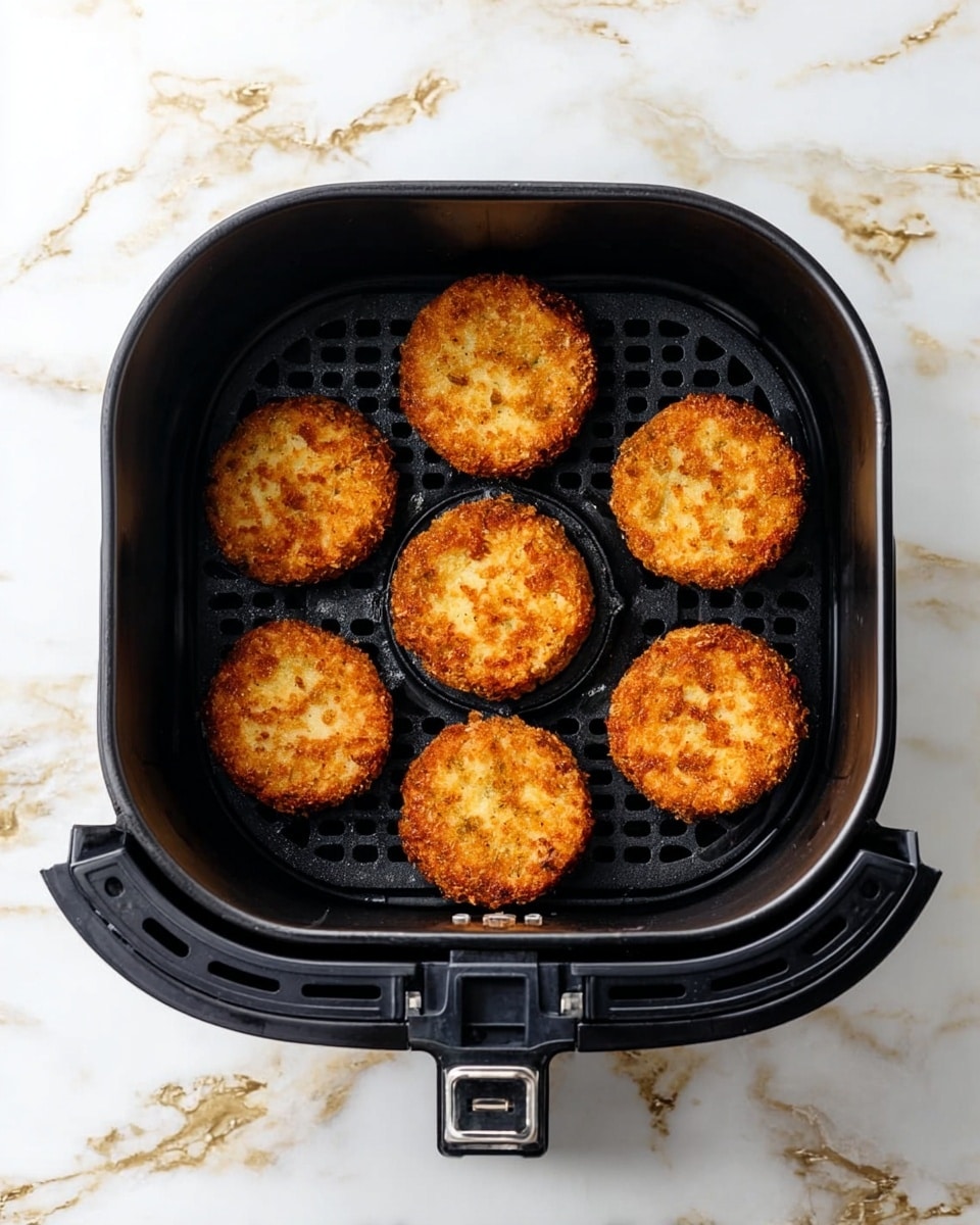 Inside a black air fryer basket, there are seven golden-brown patties arranged in a ring with one in the middle. Each patty is round, evenly cooked with a crispy, rough texture on the surface. The basket has a grid pattern on the base, showing space beneath and around the patties. The background is a white marbled surface with veins of gold running through it. photo taken with an iphone --ar 4:5 --v 7