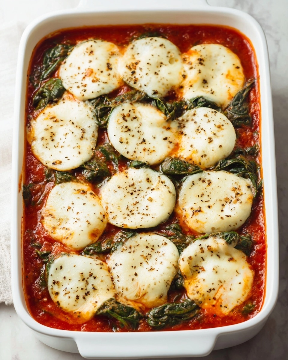 A white rectangular dish filled with a layer of rich red tomato sauce, topped with green wilted spinach leaves scattered evenly, and topped with fifteen round slices of white melted cheese sprinkled with black pepper, giving a slightly textured look. The cheese slices sit flat on the sauce with some leaves peeking out from beneath. The dish rests on a white marbled surface with a soft natural light highlighting the glossy sauce and creamy cheese. Photo taken with an iphone --ar 4:5 --v 7