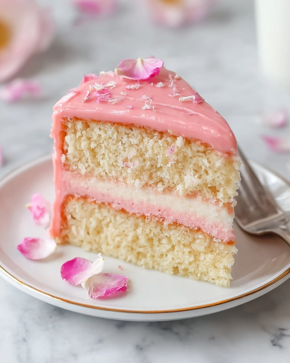 A slice of two-layer light yellow cake sits on a white plate with a thin gold rim, placed on a white marbled surface. The bottom and top layers are soft and crumbly with a light texture. Between the cake layers, there is a thick pink frosting layer and a thinner white frosting layer. The top of the cake is covered with smooth, shiny pink frosting spreading evenly to the edges. Small delicate pink and white flower petals rest on top of the pink frosting and also lie on the plate around the cake. A silver fork is partially visible behind the slice. Photo taken with an iphone --ar 4:5 --v 7