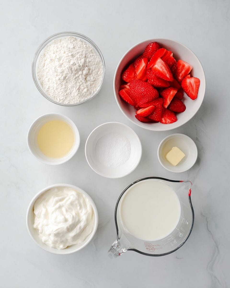 The image shows six bowls and a measuring cup arranged on a white marbled surface. In the center bottom, there is a white bowl filled with plain white yogurt, smooth and creamy. Above it, a white bowl holds bright red, sliced strawberries with a juicy texture. To the top left is a clear glass bowl filled with white flour, powdery and light. Below the flour, there is a small white bowl with a white powder, likely sugar, and another small white bowl next to it containing a pale yellow liquid, possibly melted butter. To the right, a clear glass measuring cup contains white milk. The overall colors are mainly white and red with a soft, clean look. Photo taken with an iphone --ar 4:5 --v 7