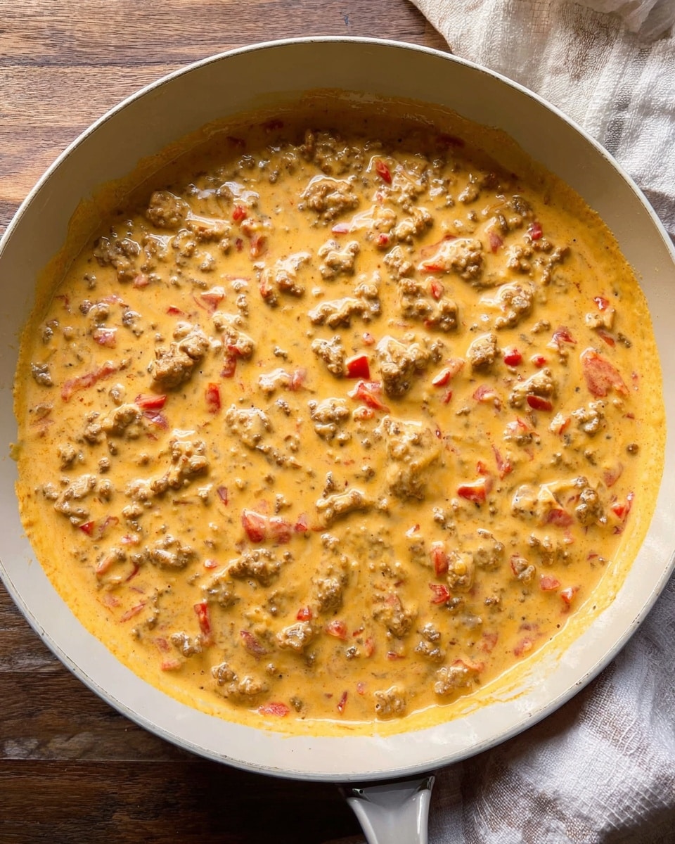 A close-up view inside a white pan filled with a creamy, thick mixture that has a yellowish-orange color. The mixture has small chunks of cooked ground meat and diced red bell peppers evenly spread throughout. The texture looks smooth with visible creamy, melted cheese and meat bits on top. The pan is on a wooden surface, with a corner of a cloth towel showing light stripes on the right side. The photo taken with an iphone --ar 4:5 --v 7