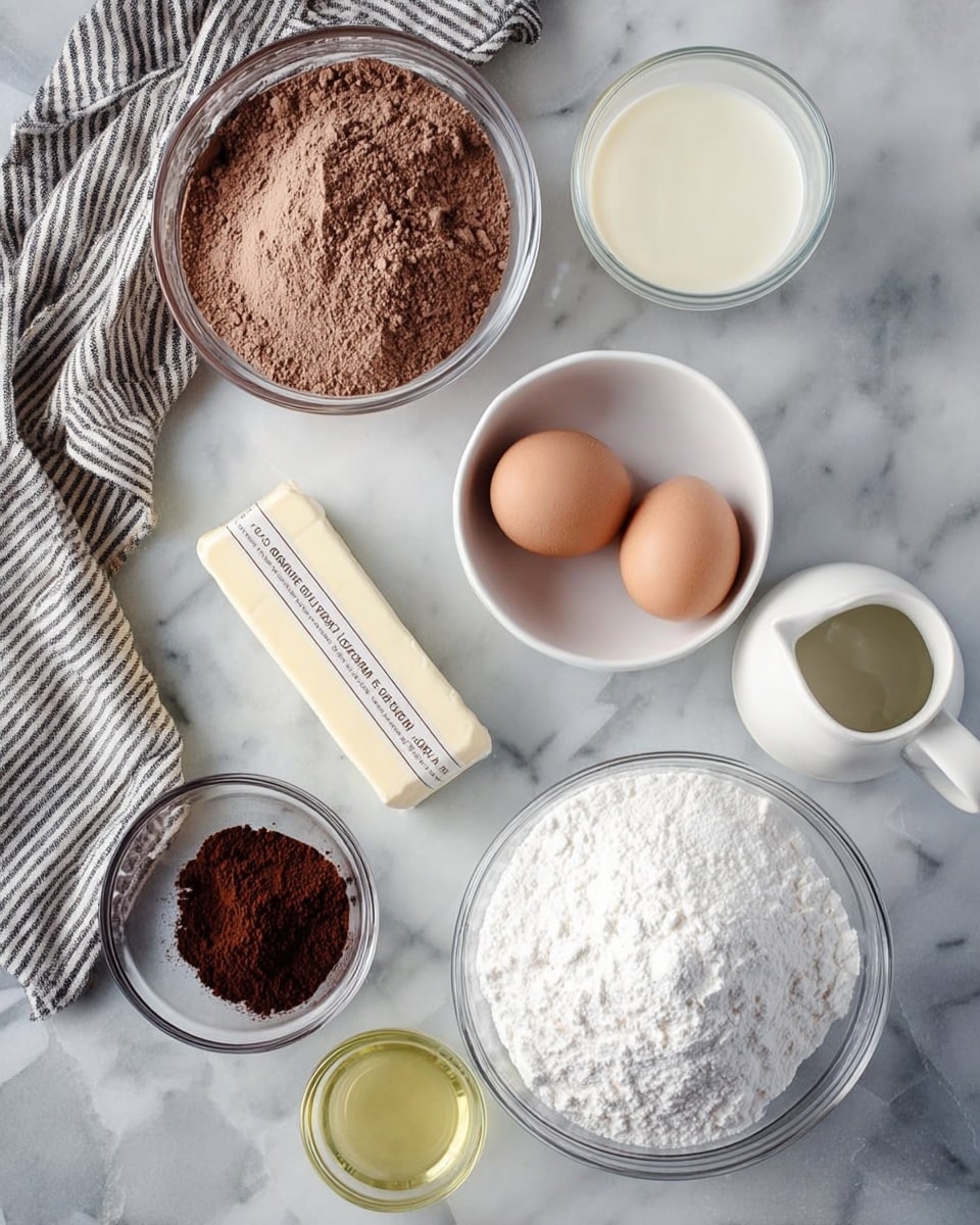 The image shows several bowls and containers of baking ingredients arranged on a white marbled surface. At the top left is a glass bowl filled with light brown cocoa powder, next to a small glass of milk which is creamy white. Below this is a white bowl holding two eggs, one brown and one tan, with smooth shells. To the left of the eggs is a rectangular stick of butter wrapped in paper with a label. Below the eggs is a large glass bowl full of fine white powdered sugar with a soft, fluffy texture. On the bottom left side is a small clear bowl filled with darker brown cocoa powder, and next to it is a white ceramic pitcher holding a light yellow liquid, probably oil. A striped cloth with dark and light gray lines is partially visible on the top left corner. photo taken with an iphone --ar 4:5 --v 7