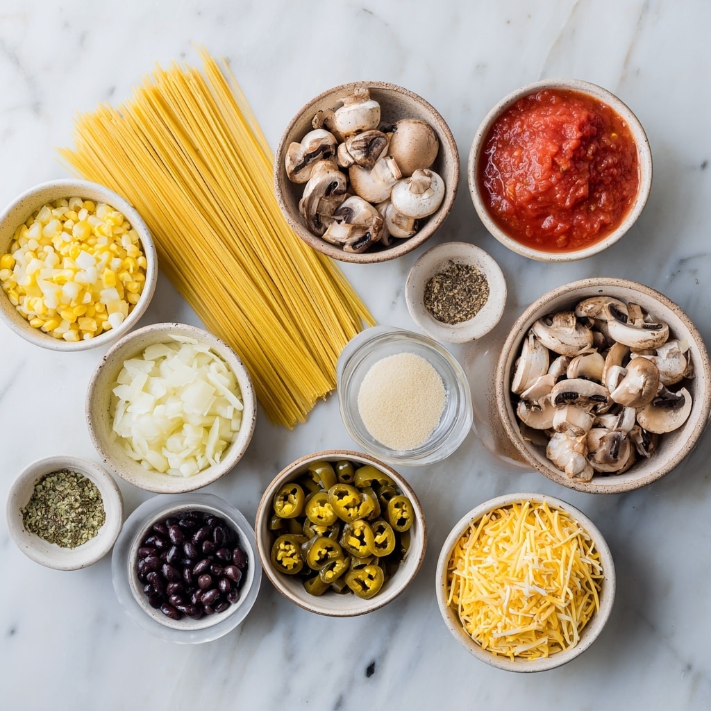 In a white frying pan with a blue handle, there is a large serving of spaghetti mixed with a rich reddish-orange sauce. The spaghetti is interspersed with small pieces of brown mushrooms, bright yellow corn kernels, and dark black beans, all spread evenly throughout the dish. Thin slices of green chili peppers and scattered green herb leaves sit on top, adding fresh color. A pair of brown wooden chopsticks rests on the pasta, one partly buried in it and the other lying across the pan’s edge. The pan is placed on a dark brown surface, with a bowl of shredded pale yellow cheese in the upper right and a bunch of bright red tomatoes in the lower right corner. Some green herbs and a single cherry tomato are scattered around. Photo taken with an iphone --ar 4:5 --v 7