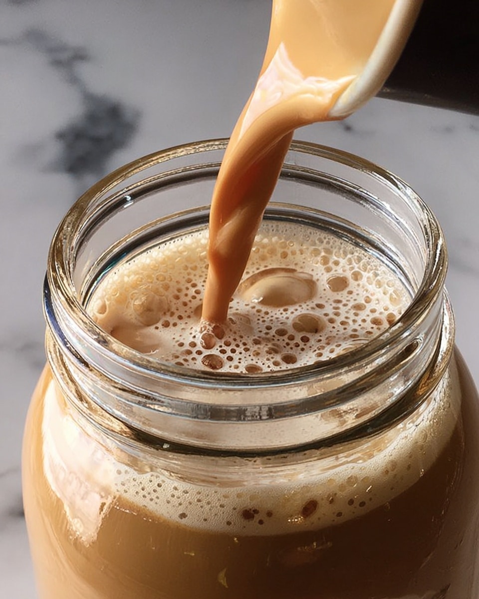 A clear glass jar filled with a light brown creamy drink, with the same drink being poured from above into the jar, creating bubbles and foam on the surface inside. The background is a white marbled texture. Photo taken with an iphone --ar 4:5 --v 7