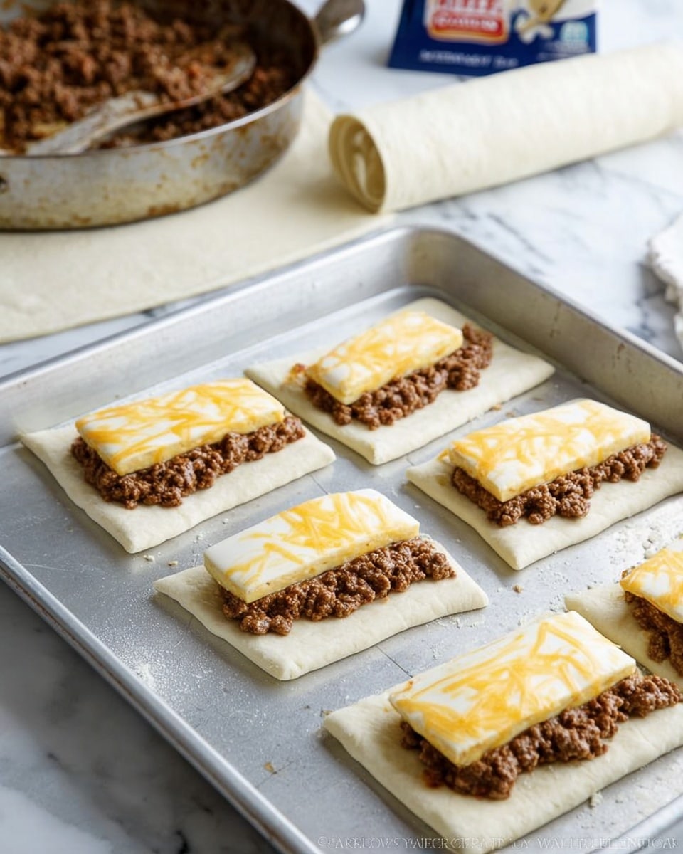 The image shows four rectangular pieces of white dough placed on a metal baking tray. Each dough piece has a layer of cooked ground meat in the middle, topped by a long strip of yellow and white marbled cheese placed horizontally. Behind the tray, there is a white marbled surface with a rolled-up tube of pizza crust and a pan with more cooked ground meat visible. The scene looks ready for folding or baking, with a clean and bright kitchen setting. photo taken with an iphone --ar 4:5 --v 7