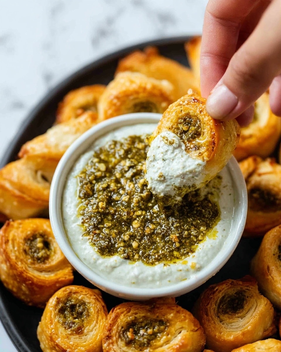 A white bowl filled with two layers of sauce is in the center of a black plate. The bottom layer in the bowl is smooth and white, while the top layer is a thick, coarse green pesto with visible bits of herbs and nuts. Around the bowl, there are many golden-brown, flaky, rolled pastries arranged in a circle. A woman's hand is holding one of the pastries, dipped halfway into the two-layer sauce, showing the green pesto and white sauce sticking to the pastry. The background surface has a white marbled texture. photo taken with an iphone --ar 4:5 --v 7