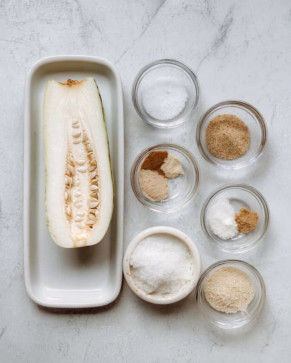 The image shows a long white tray with a large half of a peeled white vegetable, displaying pale cream seeds inside. Around the tray and on a white marbled surface are seven small clear glass bowls, each containing different ingredients: one has white salt crystals, one with light tan powder, one with a light brown grainy spice, another with a white grainy ingredient, and one with a white powdery substance. The overall setting is neat and well arranged. Photo taken with an iphone --ar 4:5 --v 7