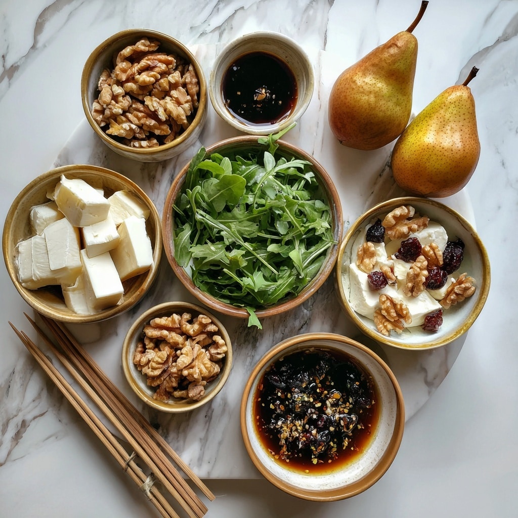 The image shows several wooden skewers each holding three pieces of pale cheese cubes and two small brown walnut pieces, arranged alternately. The skewers are placed on a bed of dark green arugula leaves that cover a white rectangular plate. The cheese cubes have a smooth texture and are covered with a shiny dark brown balsamic glaze that drips slightly on the arugula below. The walnuts add a rough texture contrast to the smooth cheese and leaves. The whole dish is set against a white marbled surface. photo taken with an iphone --ar 4:5 --v 7